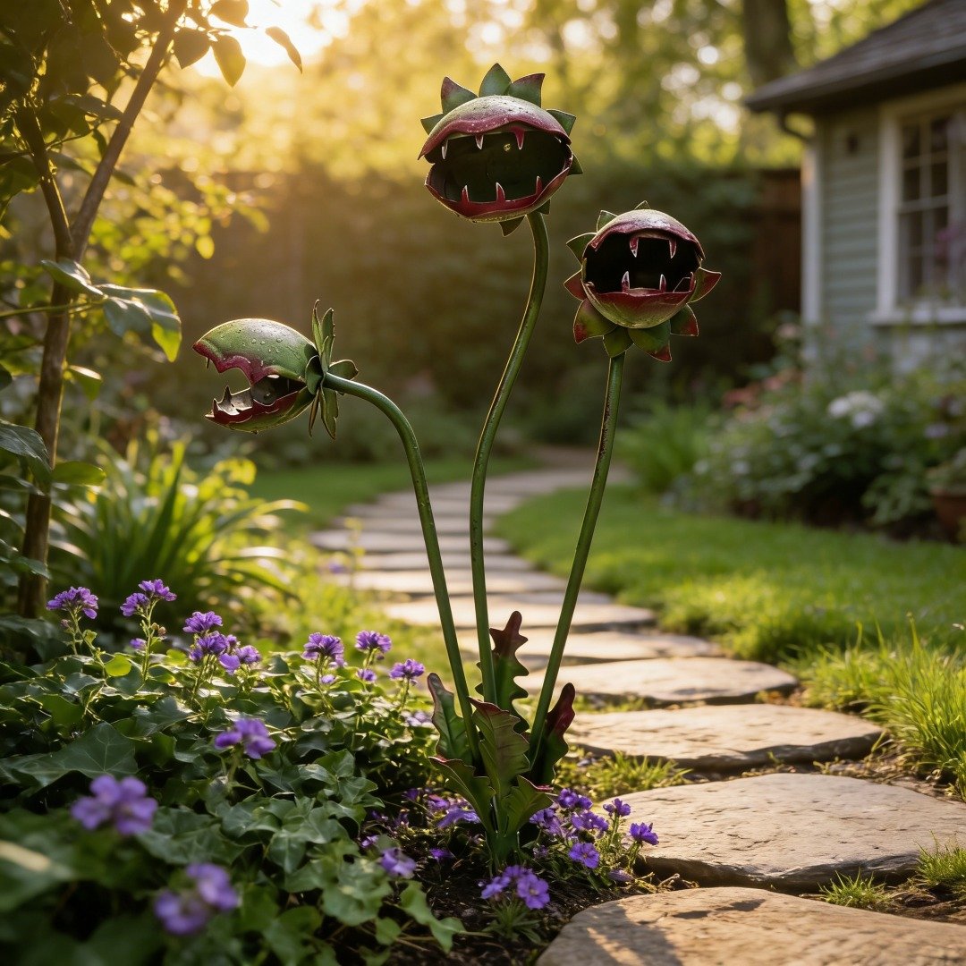 Whimsical Metal Venus Flytrap Garden Stake