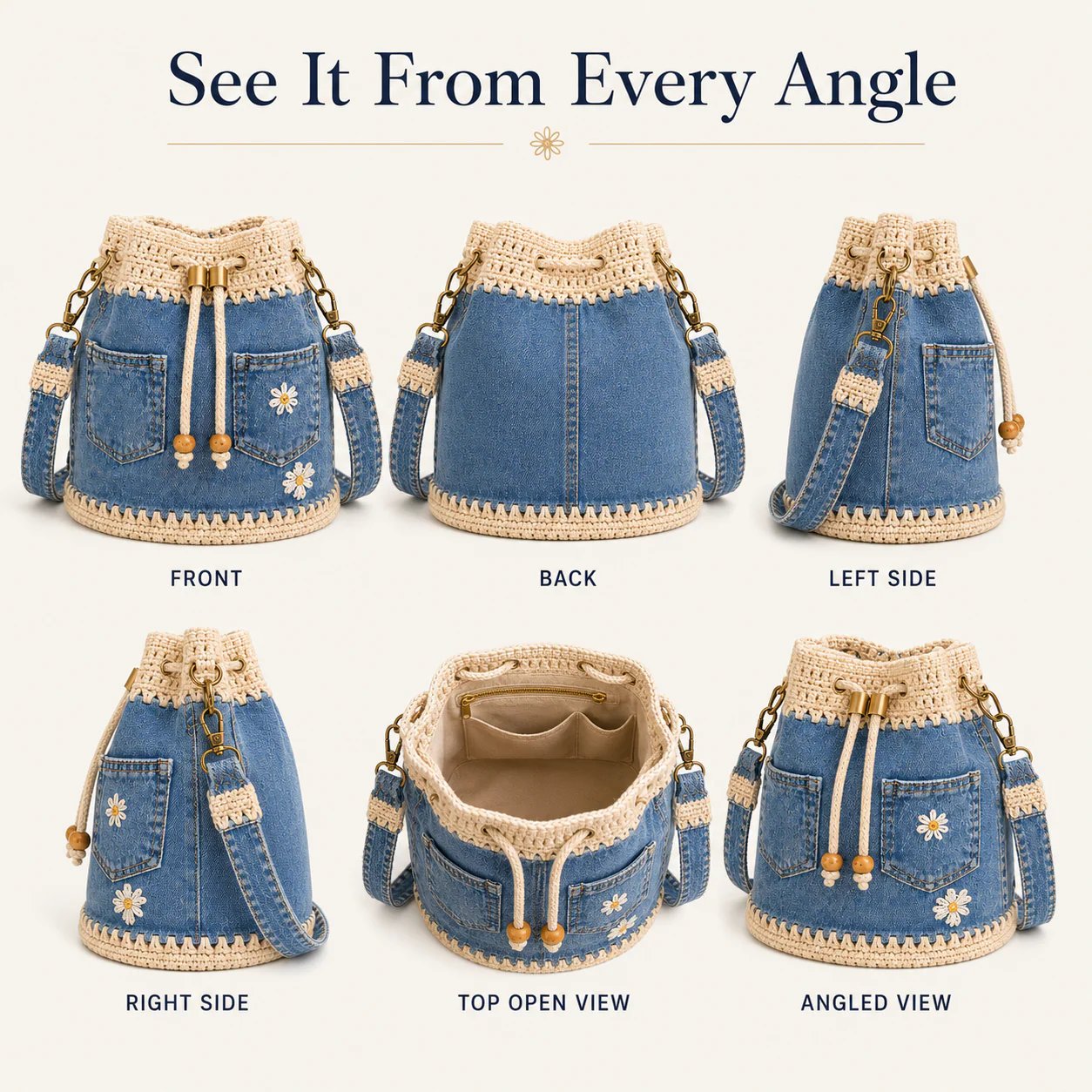 💥SAVE 33%👖 Denim Crochet Drawstring Bucket Bag, Vintage Daisy Crossbody Shoulder Bag For Women