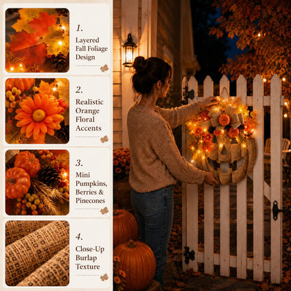 ⚡Hot Sales 49% OFF🎃✨ Lighted Burlap Pumpkin Wreath