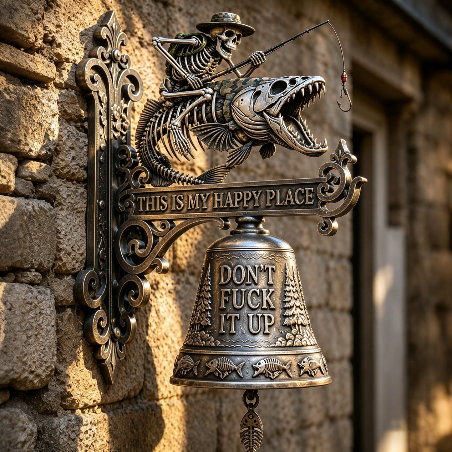 🎣 Metal Skeleton Fisherman Wall Bell – “This Is My Happy Place” Outdoor Décor