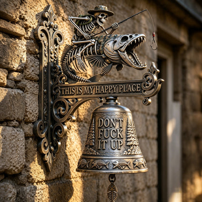 🎣 Metal Skeleton Fisherman Wall Bell – “This Is My Happy Place” Outdoor Décor