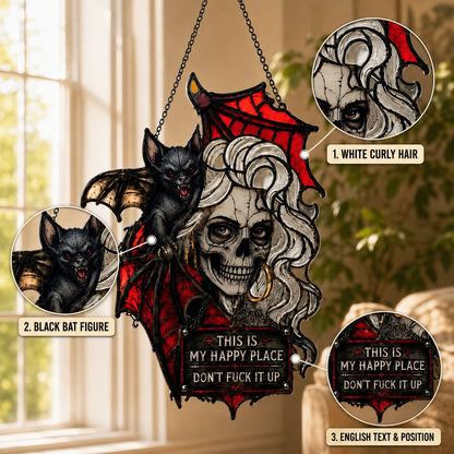 🦇💀Gothic Skull & Bat “My Happy Place” Hanging Art — Mood-Responsive Hair Effect Wall Decor✨