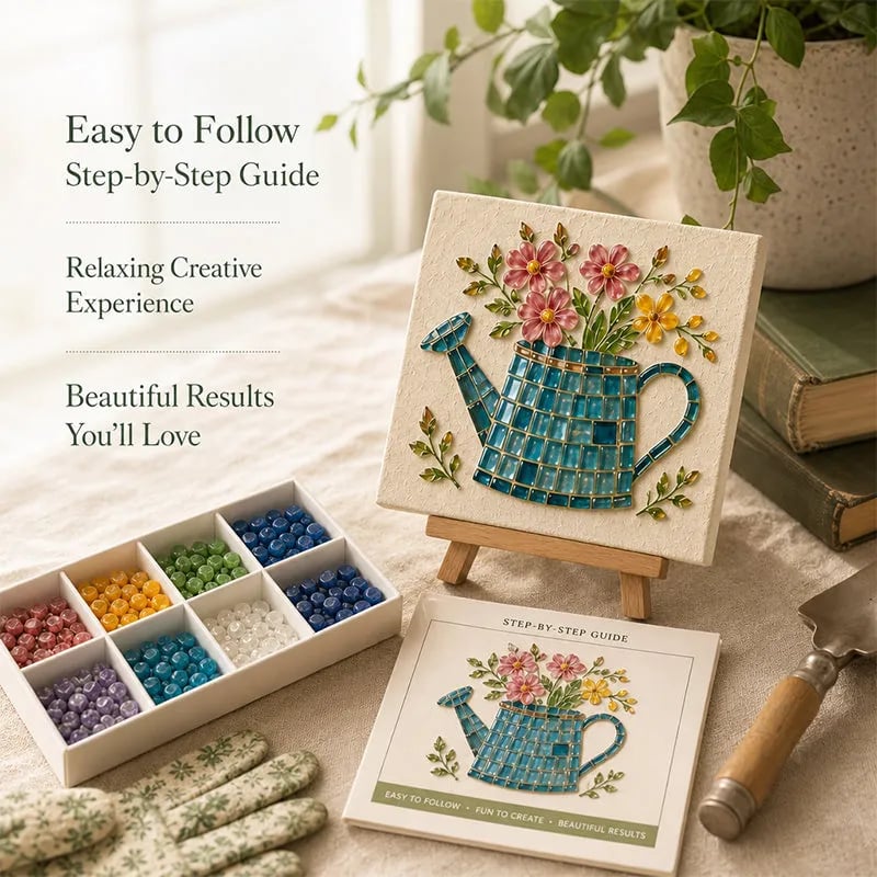 🌿 Watering Can Mosaic Art Kit | Beginner-Friendly Floral DIY Craft with Vibrant Mosaic Beads & Sturdy Display Base ✨