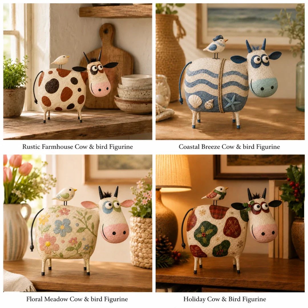 🔥Whimsical Cow & Bird Folk Art Figurine – Rustic Farmhouse Tabletop Decor Gift