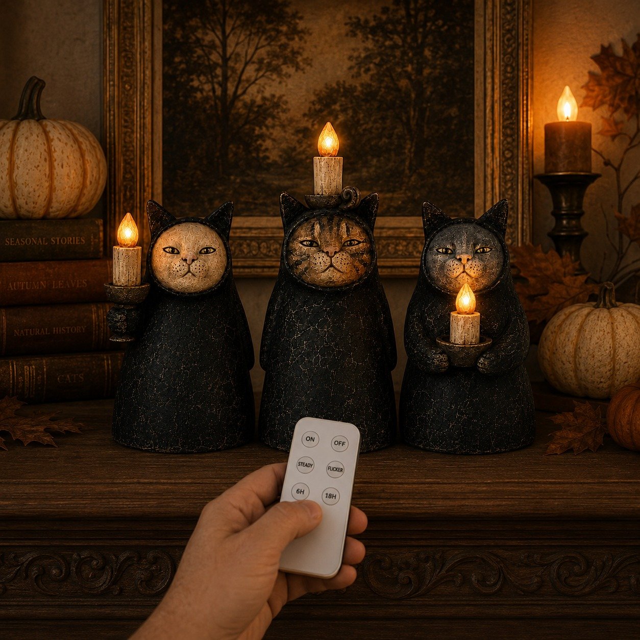 Mysterious Hooded Cat Candlelight Figurine