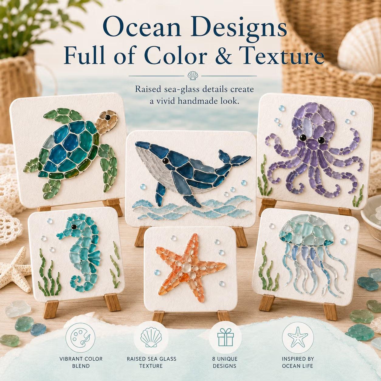 🌊 DIY Sea Glass Mosaic Art Kit – Create Beautiful Ocean-Inspired Artwork with Colorful Glass Pieces, Coastal Home Decor & Creative Handmade Gift