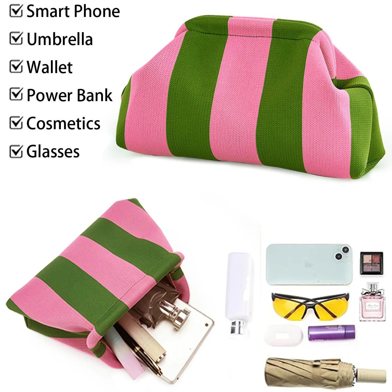 Women's Striped &amp; Diamond Dot Cloud Handbag – Lightweight Clip-Top Crossbody Bag for Everyday Style 👜