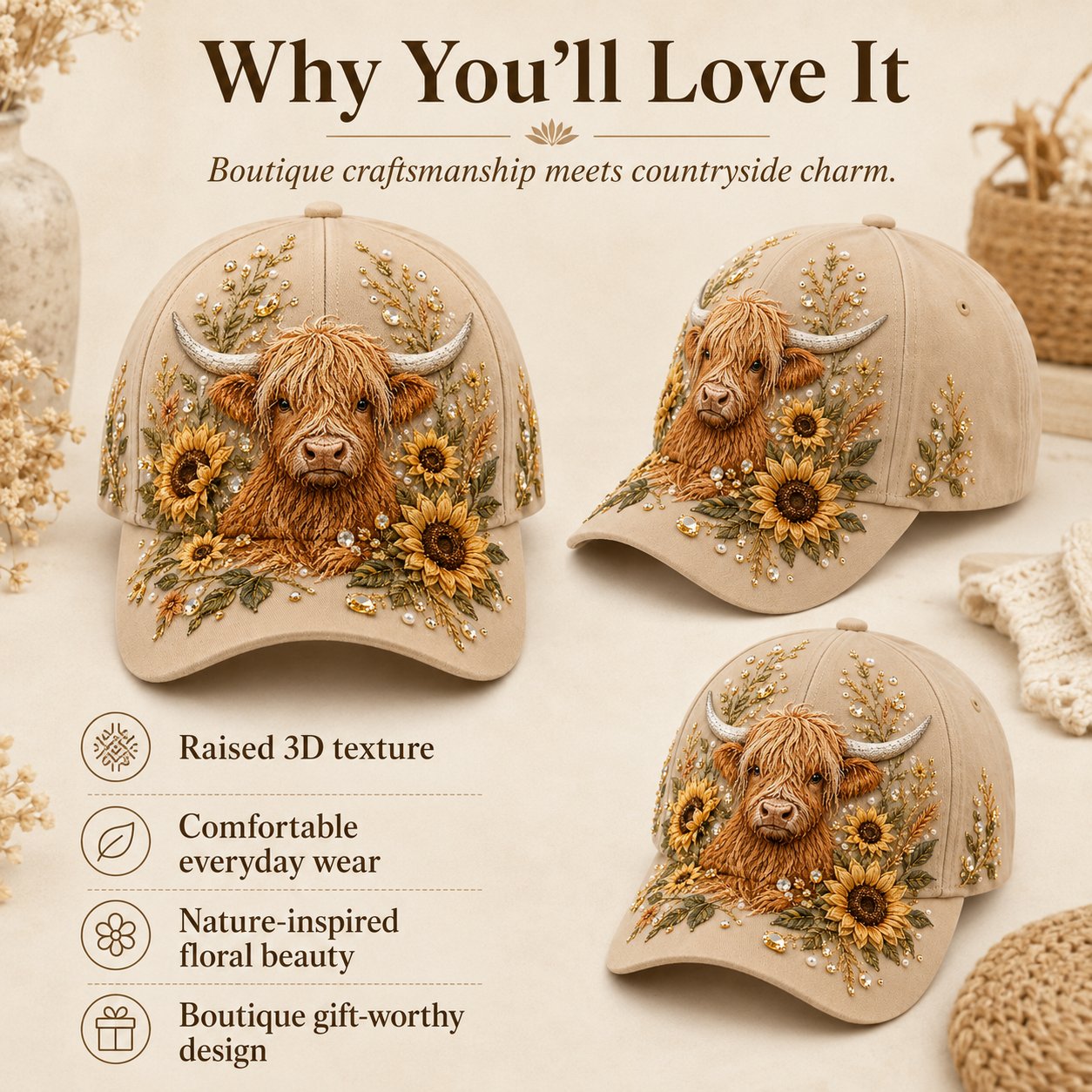 🔥LAST DAY 50% OFF - 🦬3D Highland Cow Embroidery Cap🧢(Breathable & Lightweight Comfort & Unisex Fit)