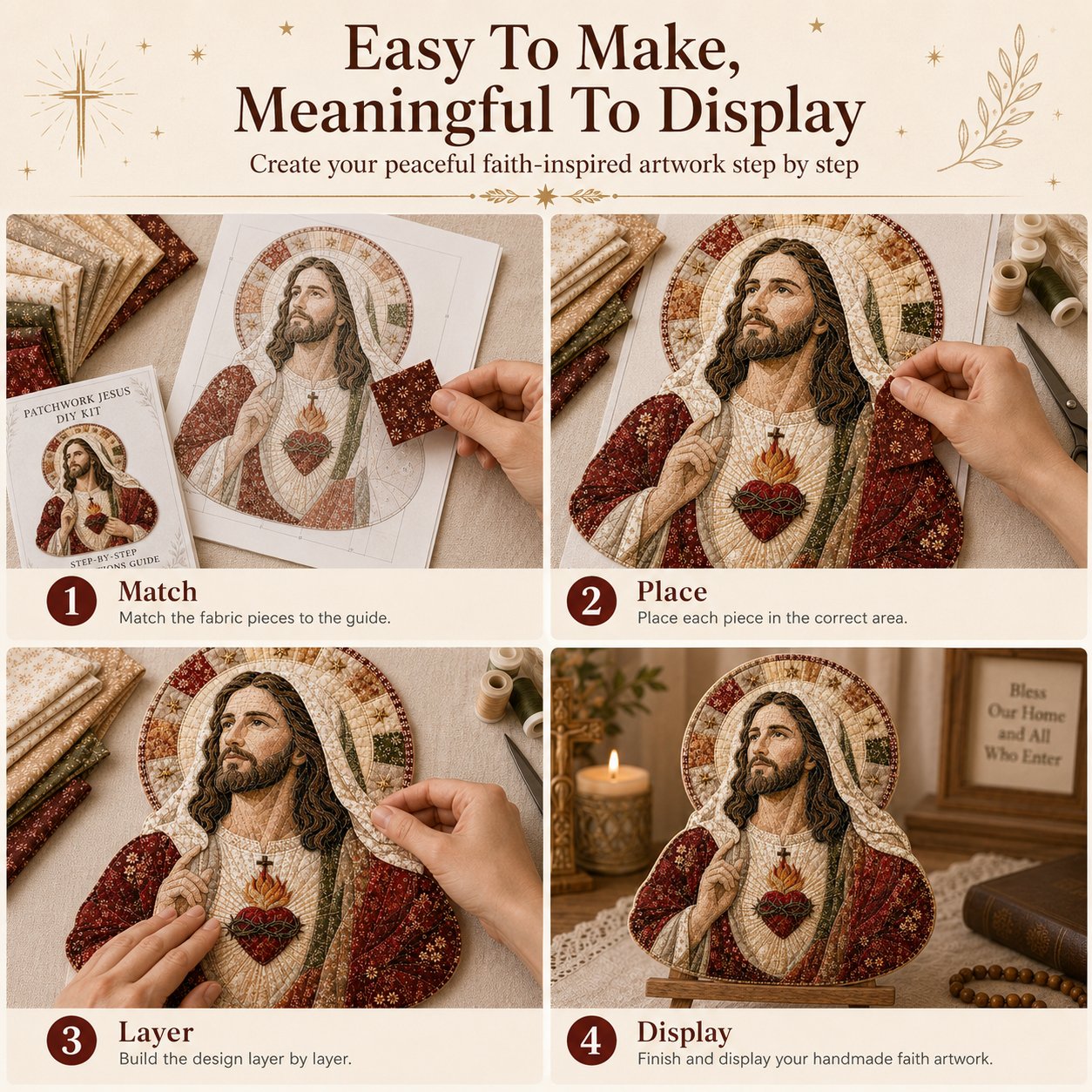 ✝️🧵 Premium Handmade Patchwork Jesus DIY Kit | High-Quality Layered Fabric with Stitched Details DIY Handmade Devotional Decor 🕊️✨