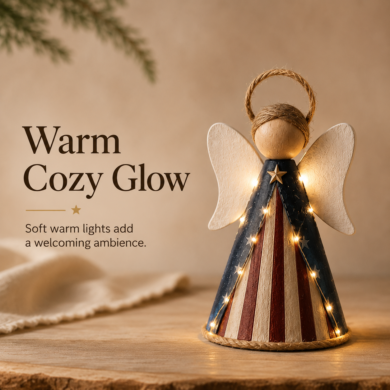 😇Rustic Red, White & Blue Angel Ornament with Warm LED Lights -3Pcs