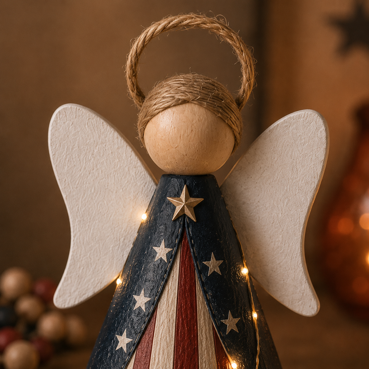 😇Rustic Red, White & Blue Angel Ornament with Warm LED Lights -3Pcs