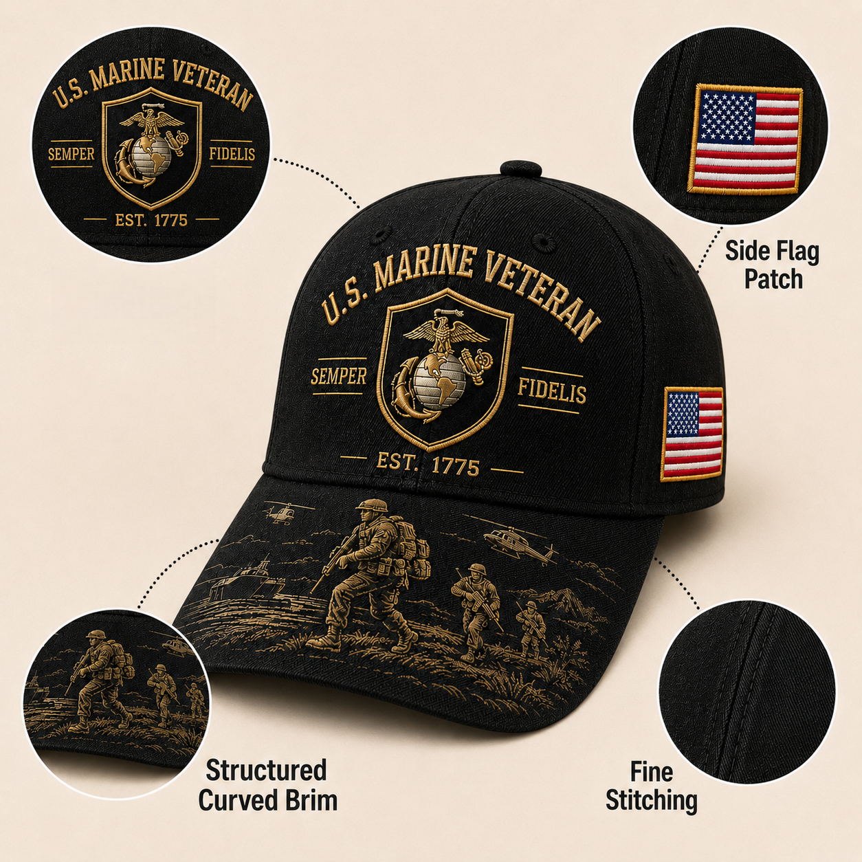 U.S. Marine Veteran Semper Fidelis Commemorative Cap 🎁 Free Honor Coin With Every Cap Purchase