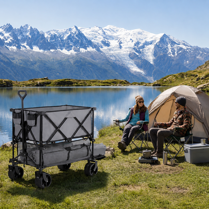 【Summerfinds】 DeckWagon Foldable Double Decker Wagon Collapsible Wagon Cart with All-Terrain WheelsHeavy Duty Folding Wagon Cart for CampingShoppingGarden52" Extra Long Extender