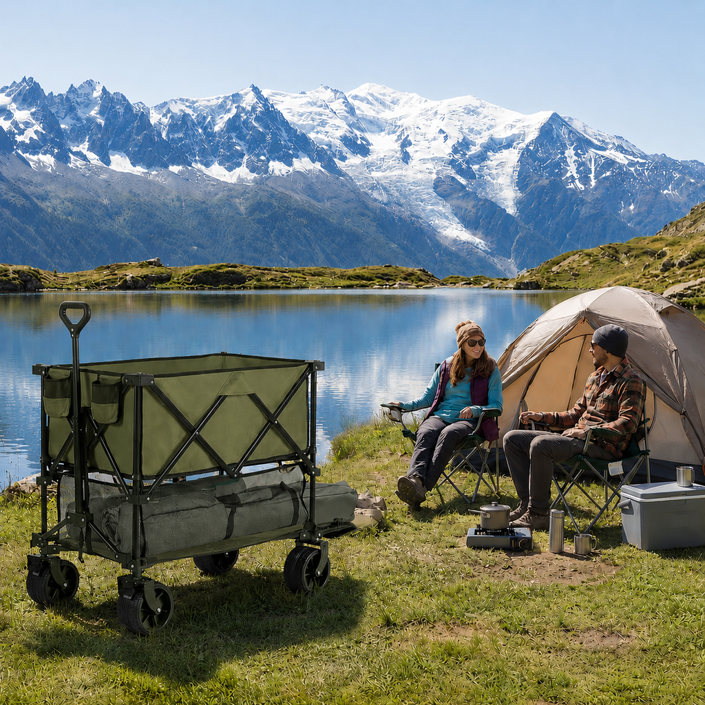 【Summerfinds】 DeckWagon Foldable Double Decker Wagon Collapsible Wagon Cart with All-Terrain WheelsHeavy Duty Folding Wagon Cart for CampingShoppingGarden52" Extra Long Extender