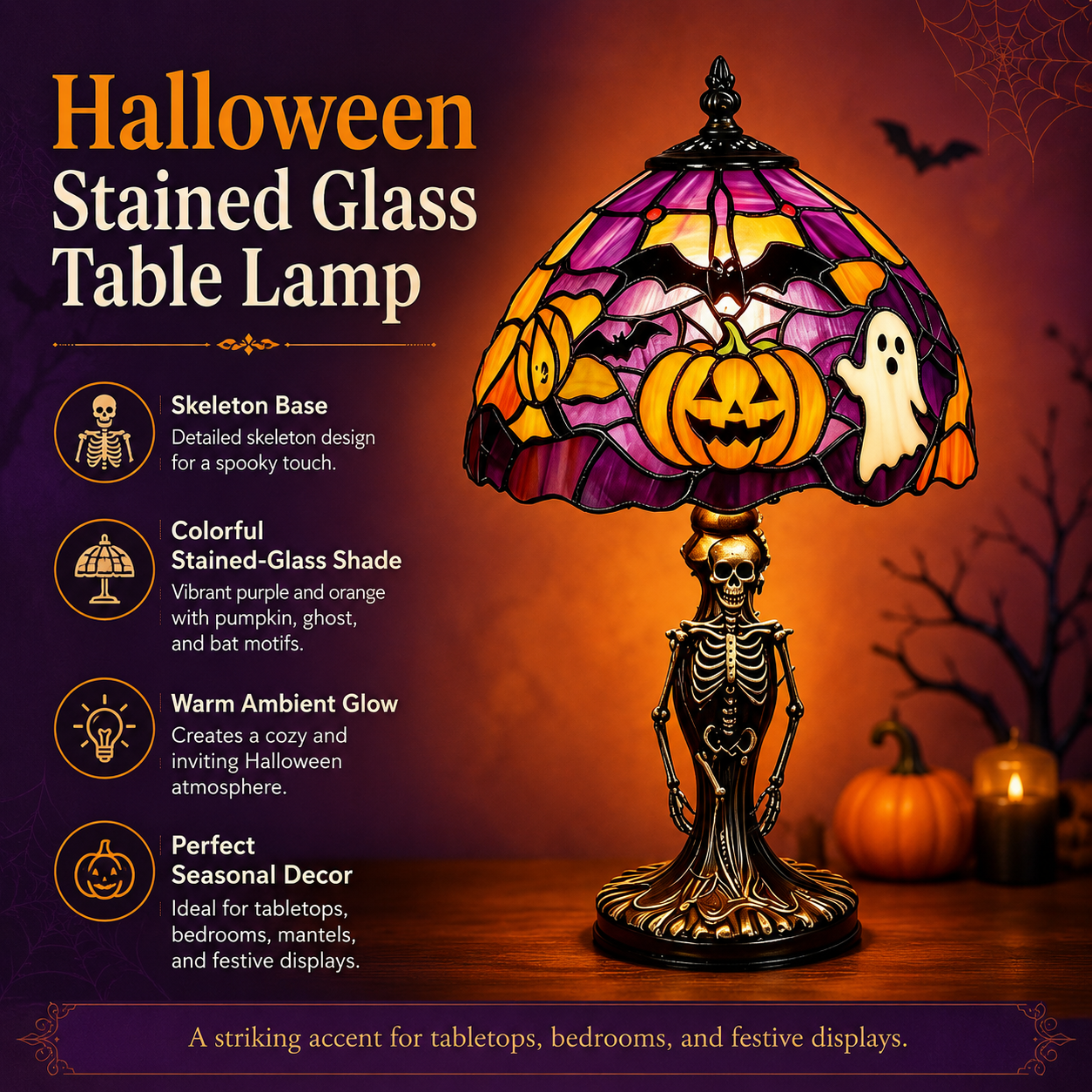 👻Spooky Glow Tiffany Lamp Pumpkin Ghost Bat Halloween Desk Light