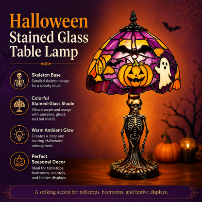 👻Spooky Glow Tiffany Lamp Pumpkin Ghost Bat Halloween Desk Light