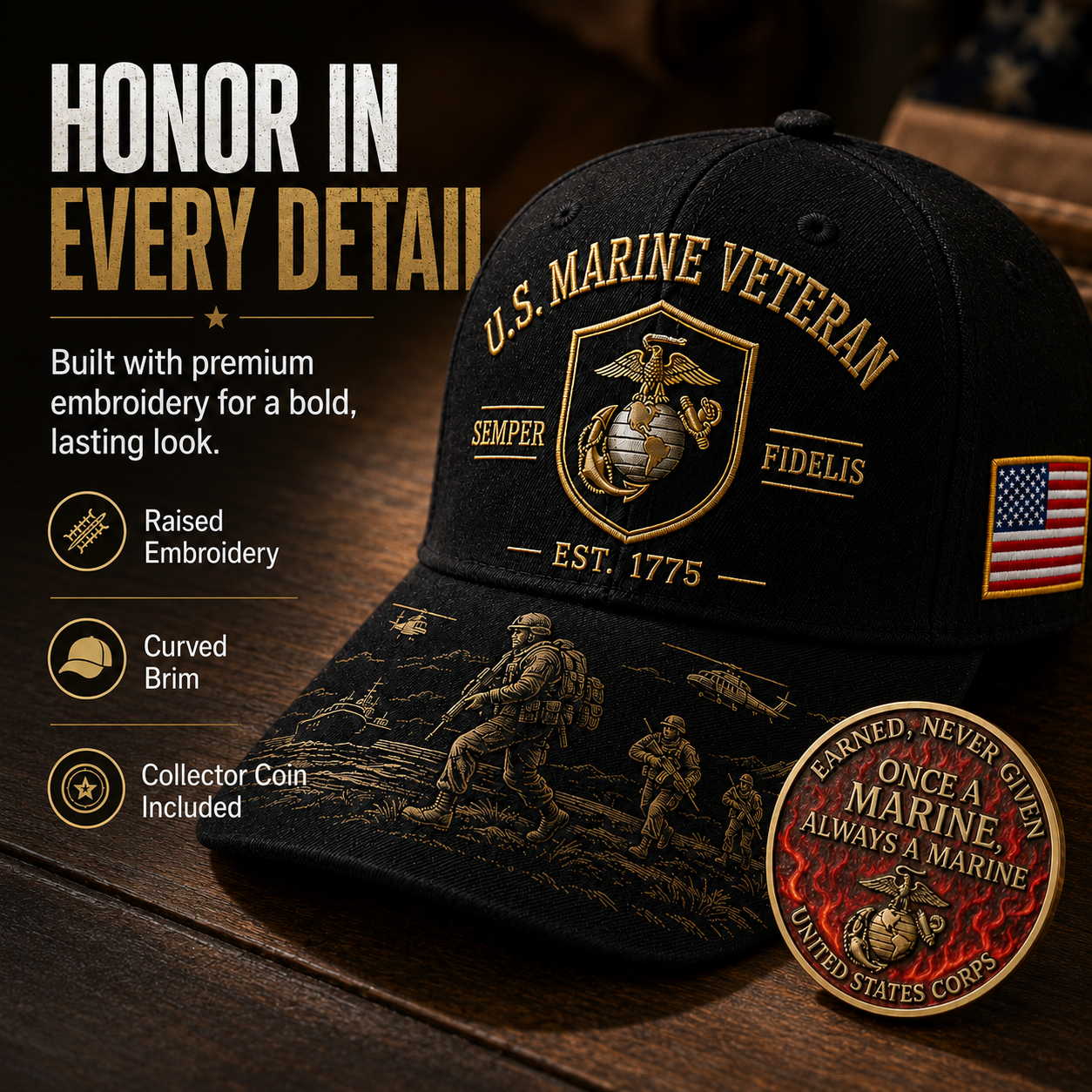 U.S. Marine Veteran Semper Fidelis Commemorative Cap 🎁 Free Honor Coin With Every Cap Purchase