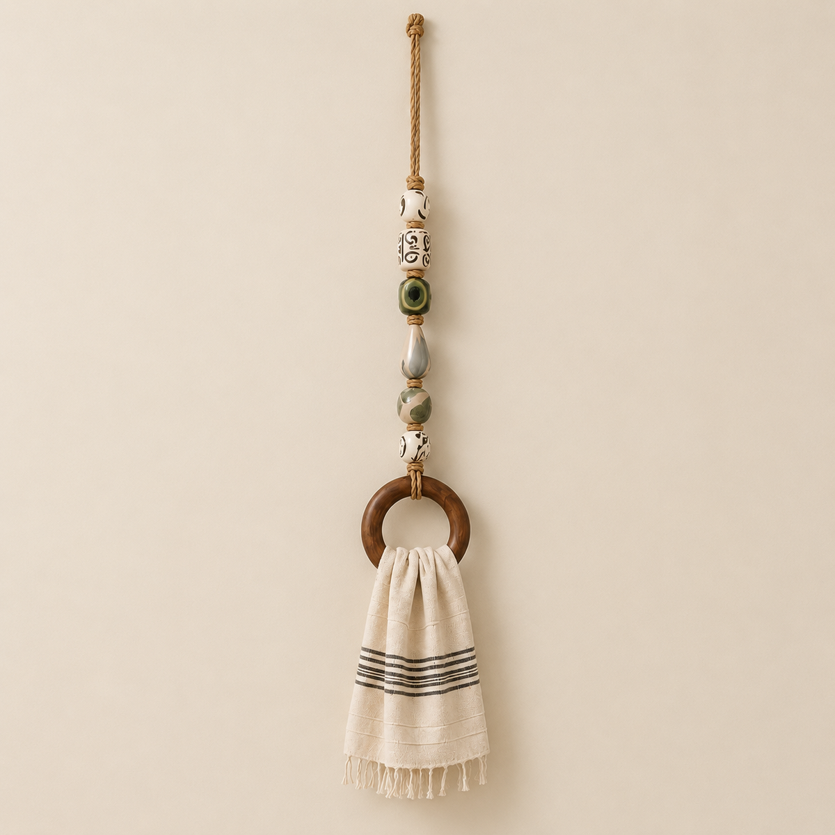 Decorative Beaded Towel Hanger with Wooden Ring