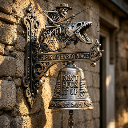 🎣 Metal Skeleton Fisherman Wall Bell – “This Is My Happy Place” Outdoor Décor