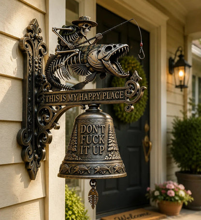 🎣 Metal Skeleton Fisherman Wall Bell – “This Is My Happy Place” Outdoor Décor