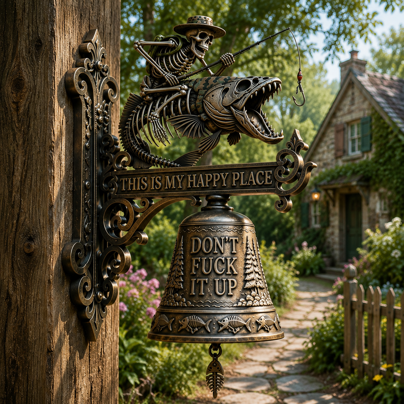 🎣 Metal Skeleton Fisherman Wall Bell – “This Is My Happy Place” Outdoor Décor