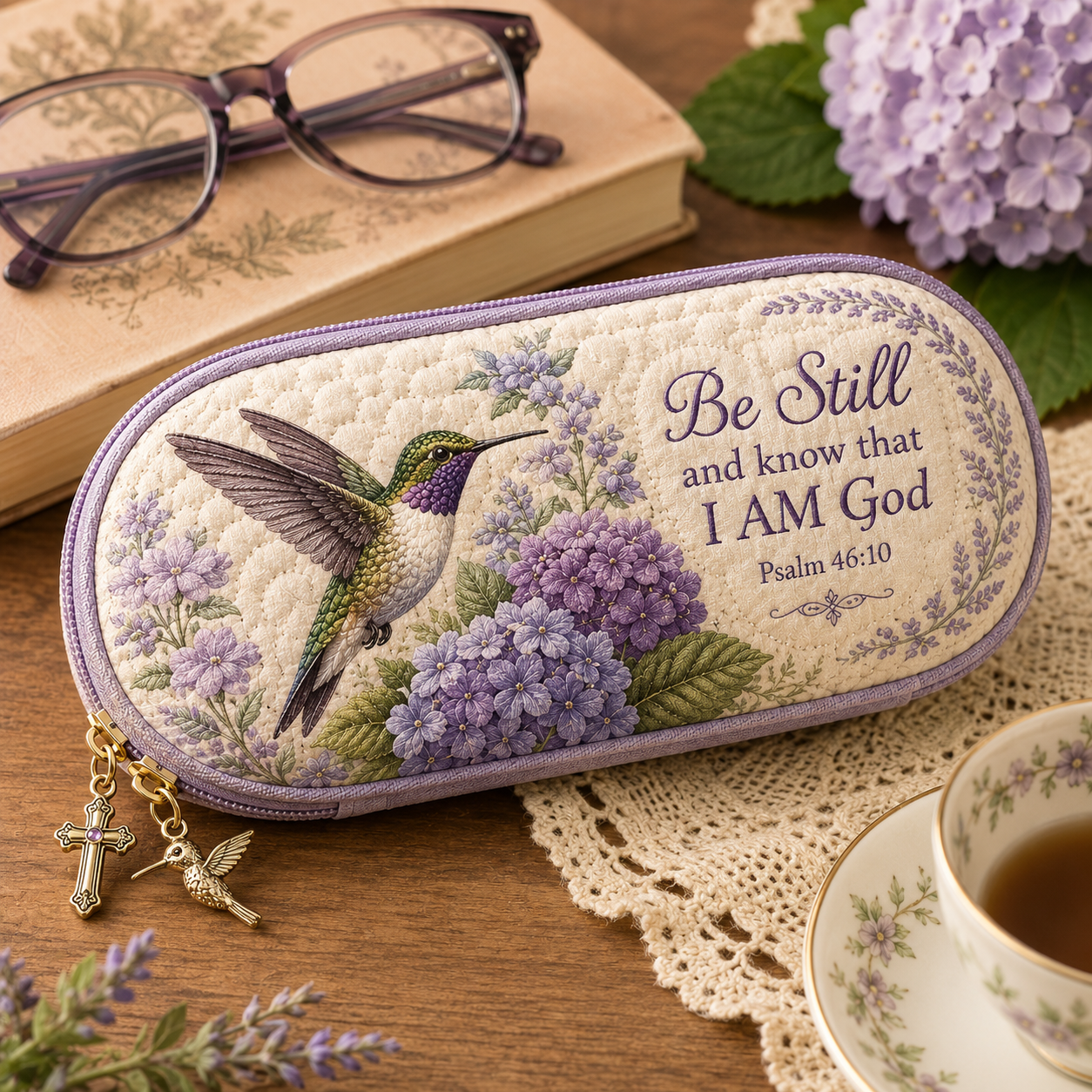 ✝️ Be Still Hummingbird Quilted Glasses Case 💜