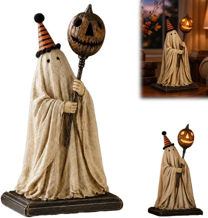 🔥Day Sale 50% OFF🔥 Lighted Vintage Ghost Figurine – Glowing Pumpkin Staff, Spooky-Cute Resin