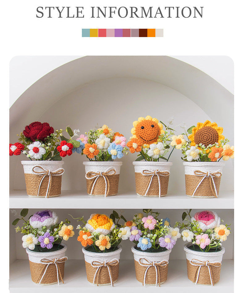 🌼Handmade Knitted Flower Arrangement – Forever Blooming Desk Decor, No-Water Gift for Teacher, Friend & Home