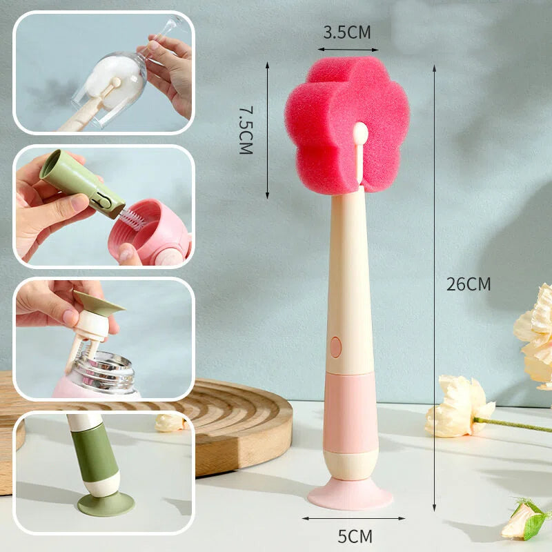🌸 Long-Handle Flower Dish Brush – 3-in-1 Detachable Set for Cups, Bottles & Nipples