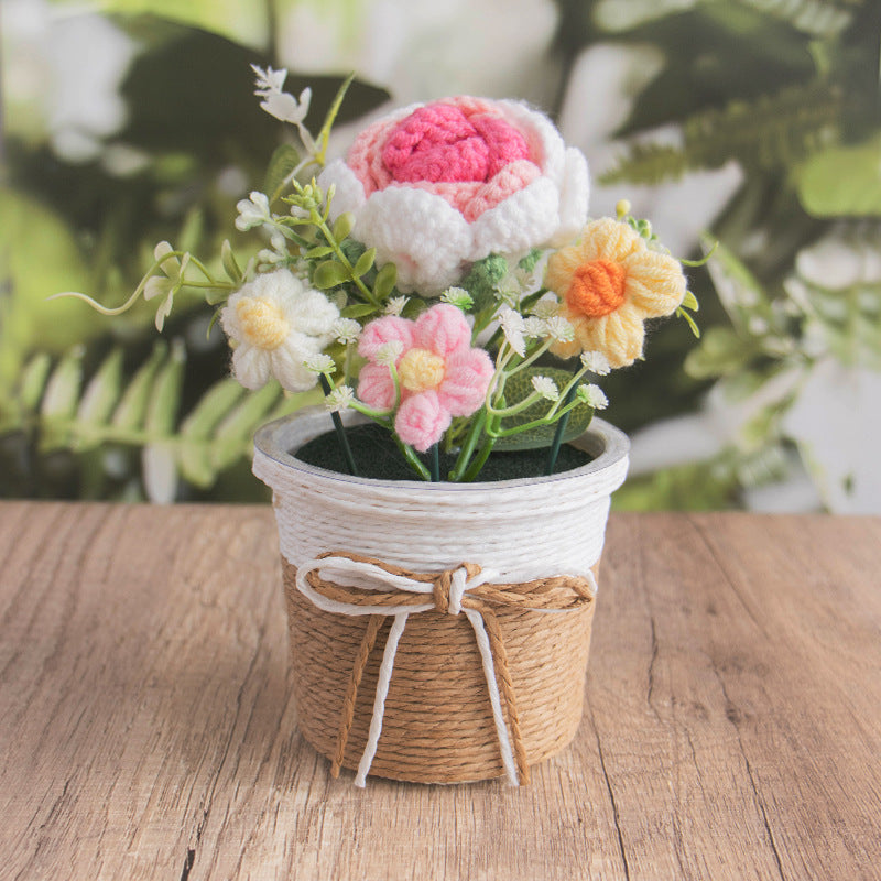 🌼Handmade Knitted Flower Arrangement – Forever Blooming Desk Decor, No-Water Gift for Teacher, Friend & Home