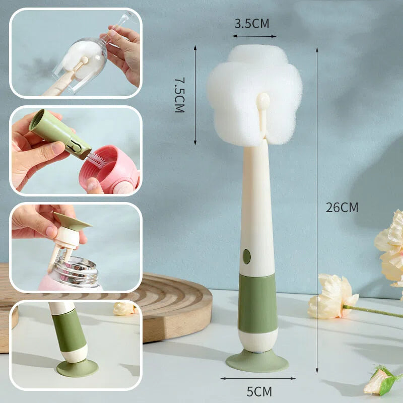 🌸 Long-Handle Flower Dish Brush – 3-in-1 Detachable Set for Cups, Bottles & Nipples
