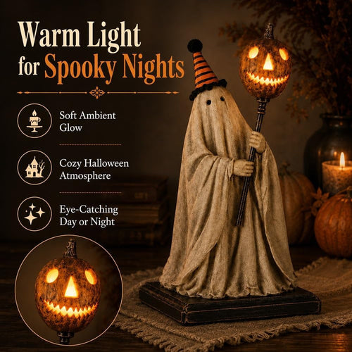 🔥Day Sale 50% OFF🔥 Lighted Vintage Ghost Figurine – Glowing Pumpkin Staff, Spooky-Cute Resin