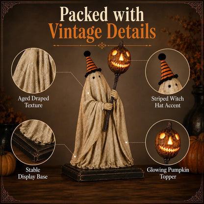 🔥Day Sale 50% OFF🔥 Lighted Vintage Ghost Figurine – Glowing Pumpkin Staff, Spooky-Cute Resin