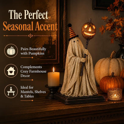 🔥Day Sale 50% OFF🔥 Lighted Vintage Ghost Figurine – Glowing Pumpkin Staff, Spooky-Cute Resin