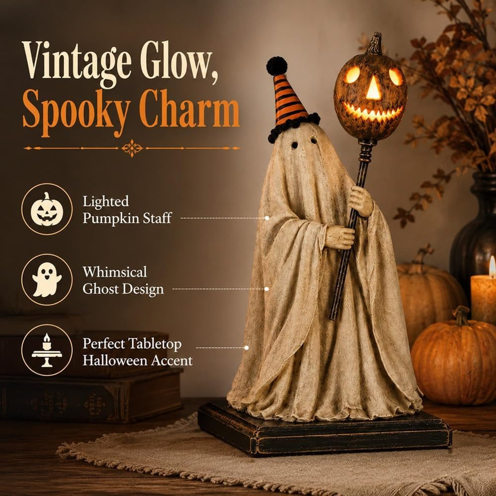 🔥Day Sale 50% OFF🔥 Lighted Vintage Ghost Figurine – Glowing Pumpkin Staff, Spooky-Cute Resin
