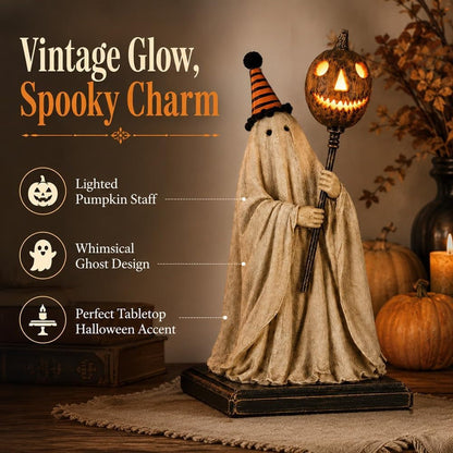 🔥Day Sale 50% OFF🔥 Lighted Vintage Ghost Figurine – Glowing Pumpkin Staff, Spooky-Cute Resin