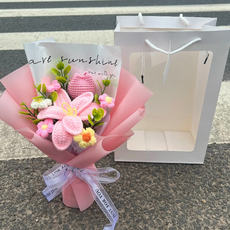 Mother’s Day Gift🌺 Pink Crochet Lily Rose Tulip Bouquet