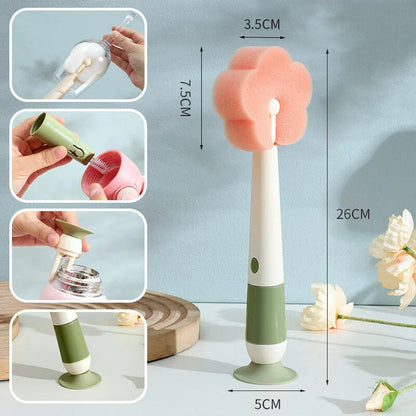 🌸 Long-Handle Flower Dish Brush – 3-in-1 Detachable Set for Cups, Bottles & Nipples