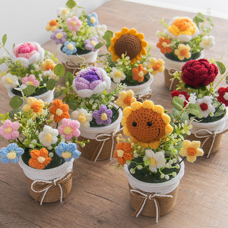 🌼Handmade Knitted Flower Arrangement – Forever Blooming Desk Decor, No-Water Gift for Teacher, Friend & Home