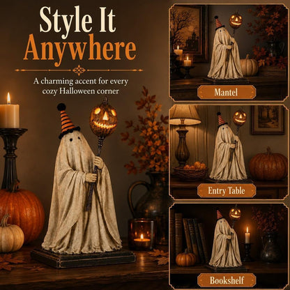 🔥Day Sale 50% OFF🔥 Lighted Vintage Ghost Figurine – Glowing Pumpkin Staff, Spooky-Cute Resin