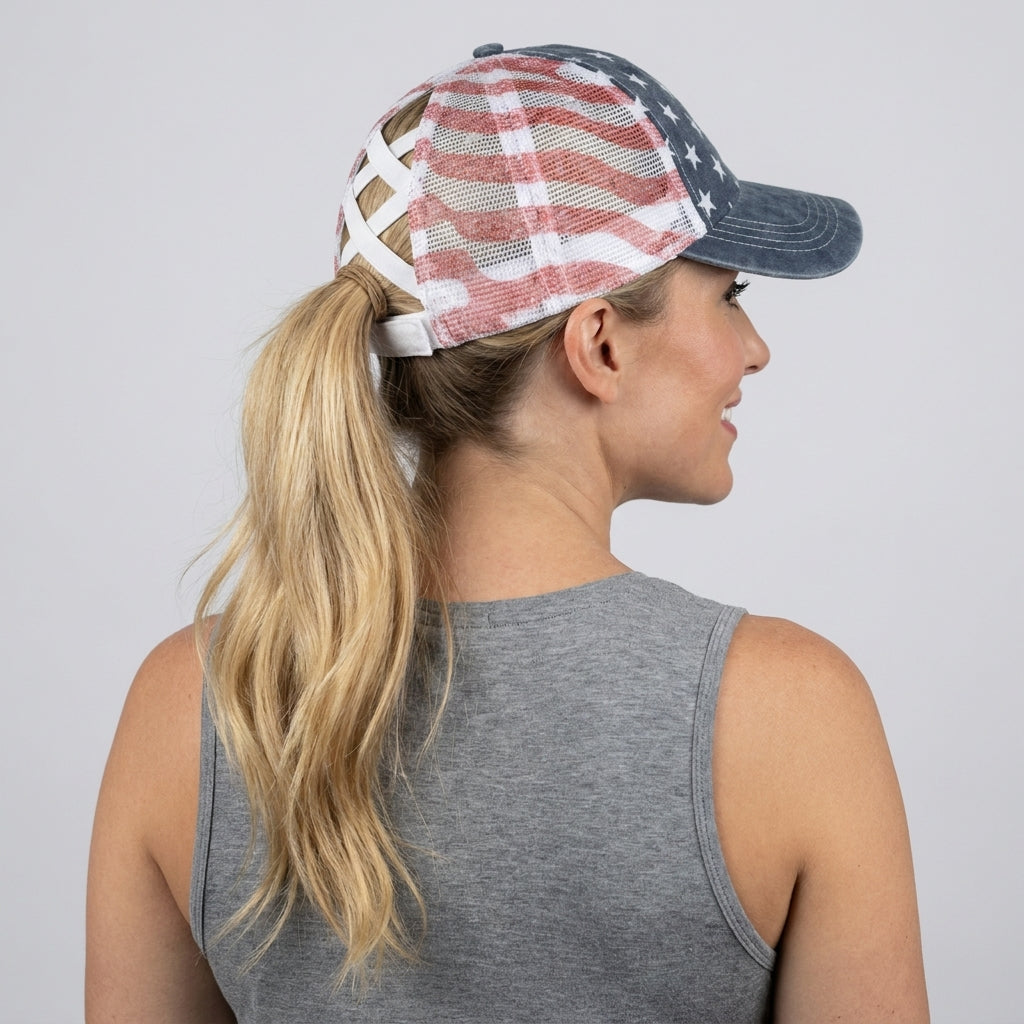 American Flag Ponytail Embroidered Hat