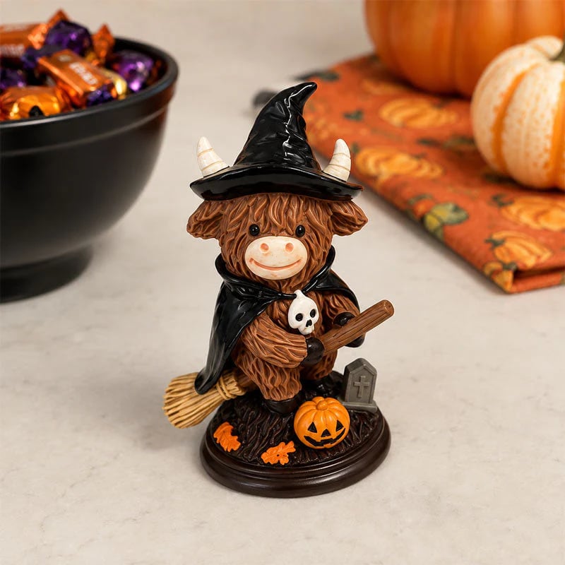 🔥Last Day 50% OFF 🐮Halloween Highland Cow Witch Ornament – Spooky-Cute Tabletop Decor for Mantel, Shelf & Candy Station