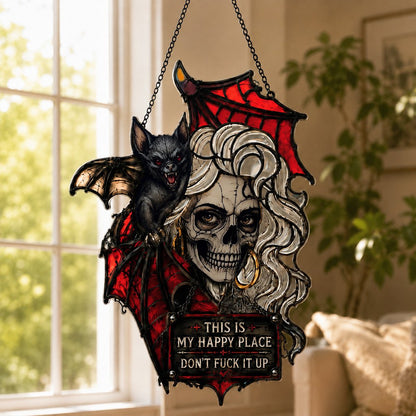 🦇💀Gothic Skull & Bat “My Happy Place” Hanging Art — Mood-Responsive Hair Effect Wall Decor✨