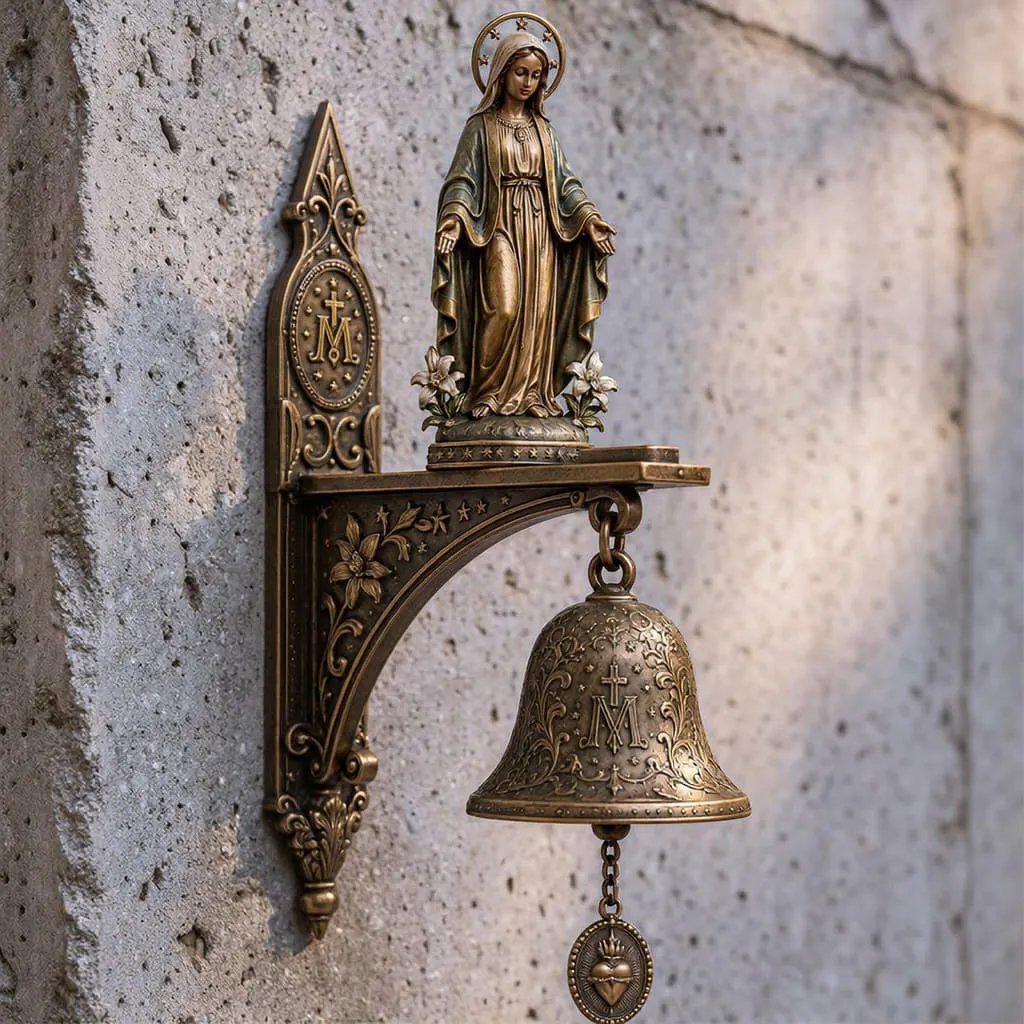 ✨ Our Lady of Grace Bronze Miraculous Medal Wall Bell | 🙏Catholic Religious Home & Garden Decor"