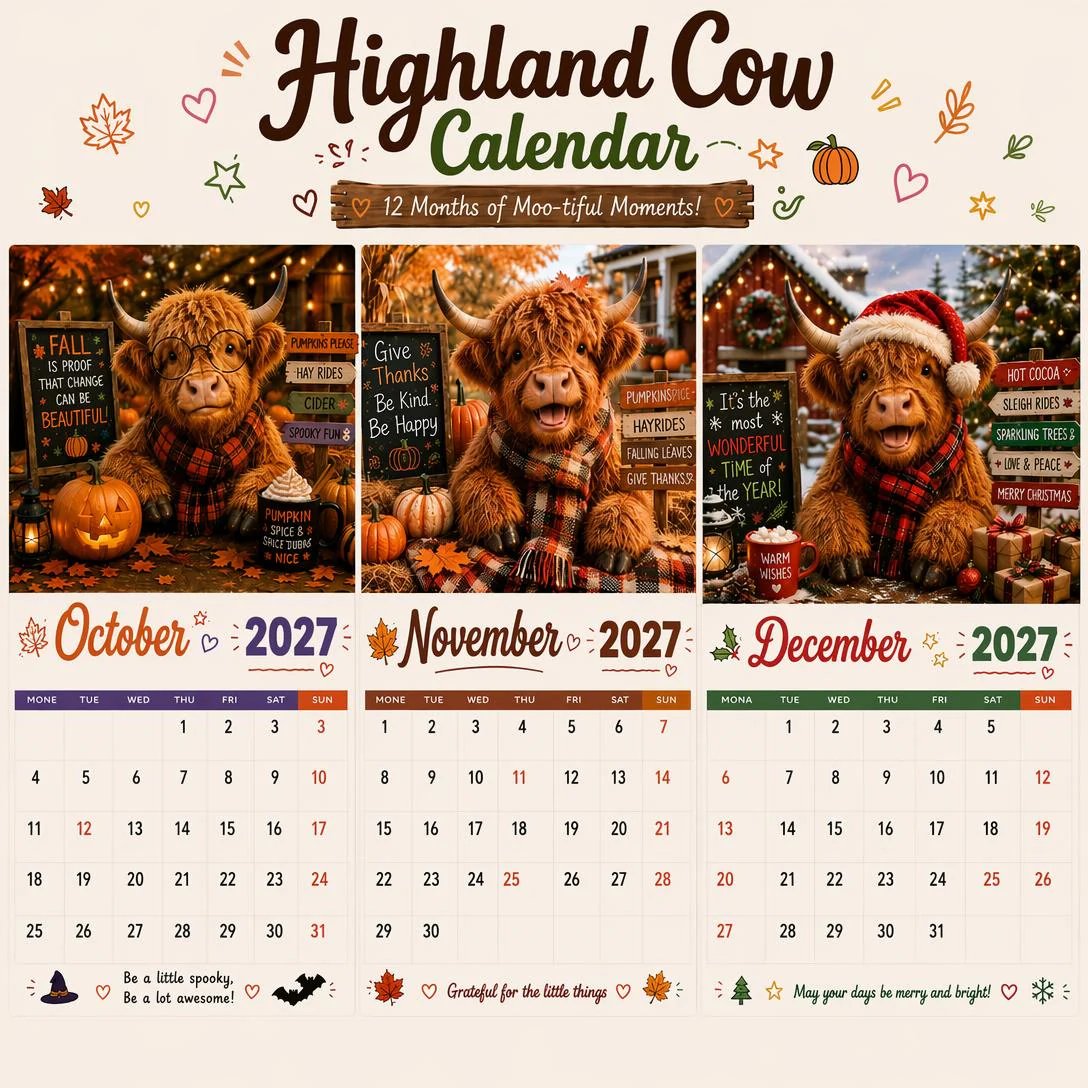 🤣🐂2027 Funny Highland Cow Wall Calendar | A4 Hanging Calendar
