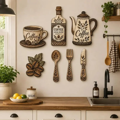 🔥7-Piece Wooden Coffee Kitchen Wall Decor Set – Vintage Farmhouse Coffee-Themed Wall Art