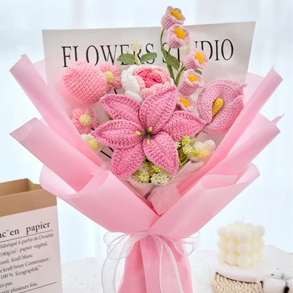 Mother’s Day Gift🌺 Pink Crochet Lily Rose Tulip Bouquet