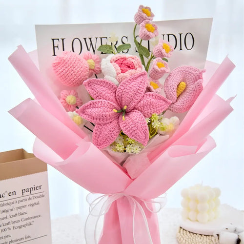 Mother’s Day Gift🌺 Pink Crochet Lily Rose Tulip Bouquet