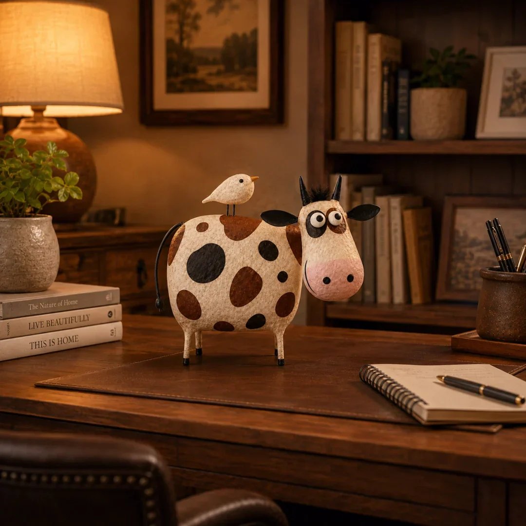 🔥Whimsical Cow & Bird Folk Art Figurine – Rustic Farmhouse Tabletop Decor Gift