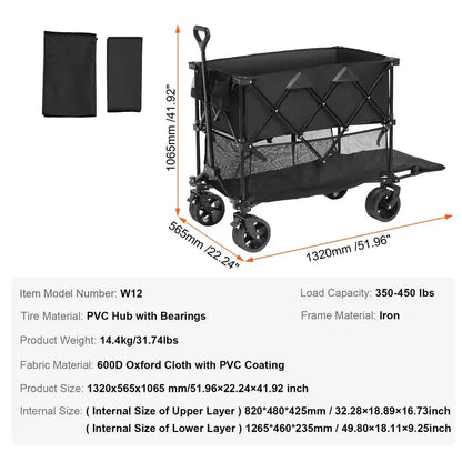 【Summerfinds】 DeckWagon Foldable Double Decker Wagon Collapsible Wagon Cart with All-Terrain WheelsHeavy Duty Folding Wagon Cart for CampingShoppingGarden52" Extra Long Extender